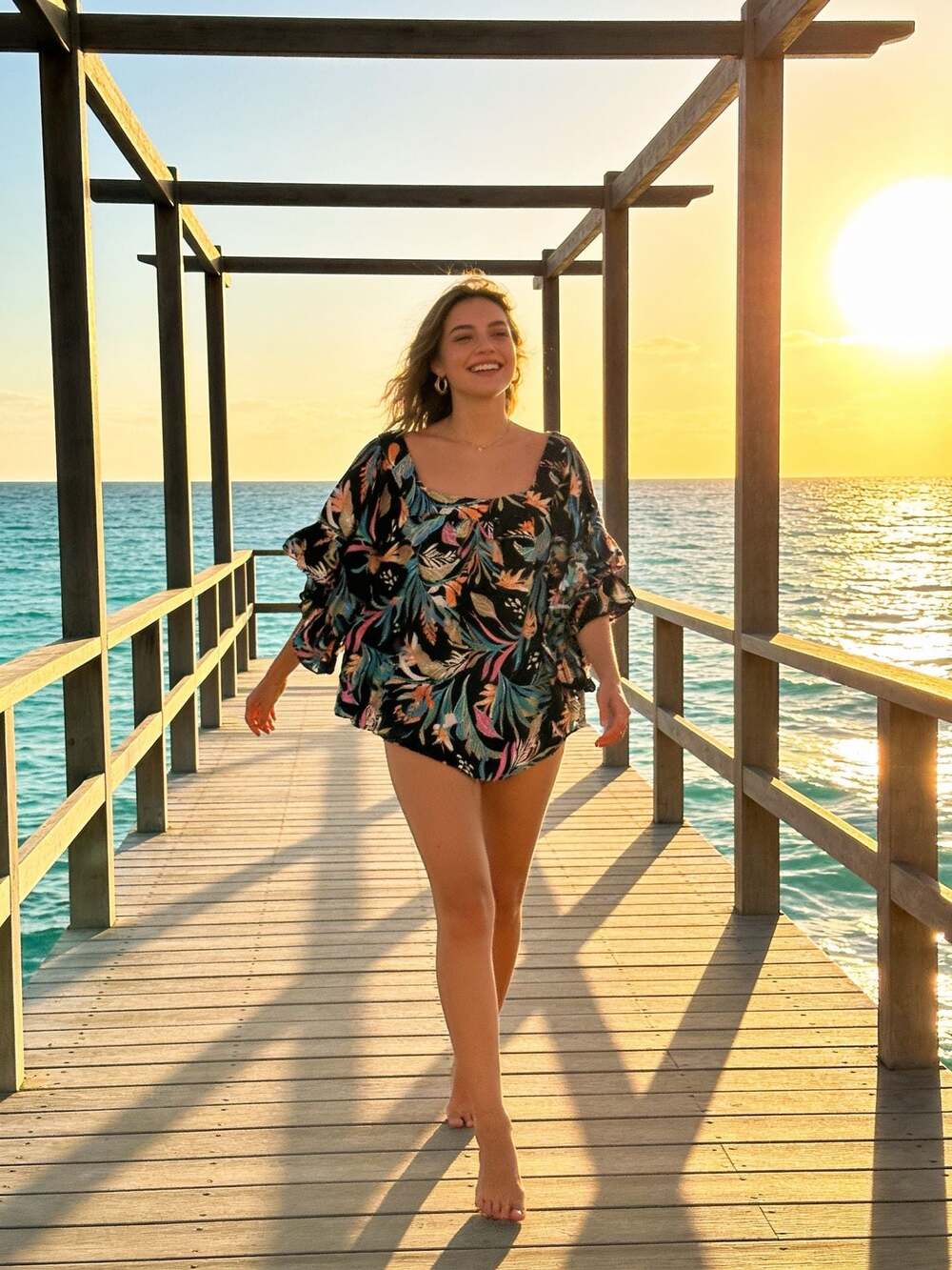Terra & Sky Tropical Print Square Neck Ruffle Sleeve Blouse 3X
